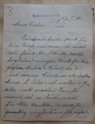  Schrift und Tradition. Hebräischer Commentar zum Pentateuch. (1924);- (Kahn, Moses;[?], Erich), Post: Datum, Name; '27.II.30.
Meine Lieben!
[...]
Euer Erich
Auf gesundes Wiedersehen!'. 