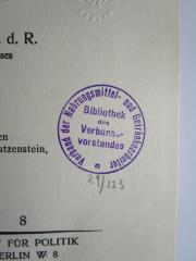 - (Verband der Nahrungsmittel- und Getränkearbeiter), Stempel: Name, Berufsangabe/Titel/Branche; 'Verband der Nahrungsmittel- und Getränkearbeiter
Bibliothek des Verbands-vorstandes'.  (Prototyp)