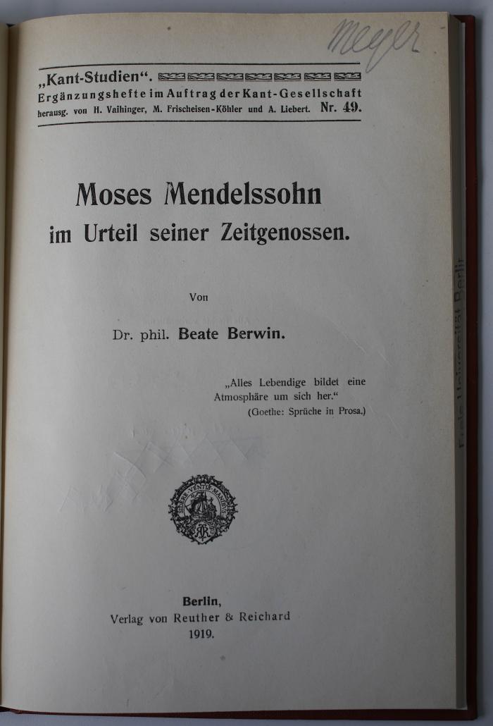 BD 6501 B553+2 : Moses Mendelssohn im Urteil seiner Zeitgenossen (1919)
