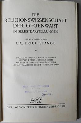 BE 1500 S785-1 : Die Religionswissenschaft der Gegenwart in Selbstdarstellungen. 1 (1925)