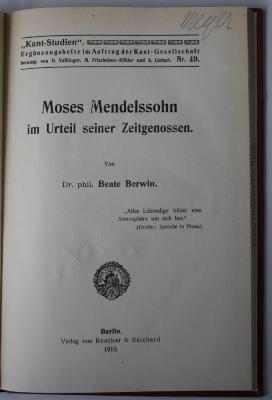 BD 6501 B553+2 : Moses Mendelssohn im Urteil seiner Zeitgenossen (1919)