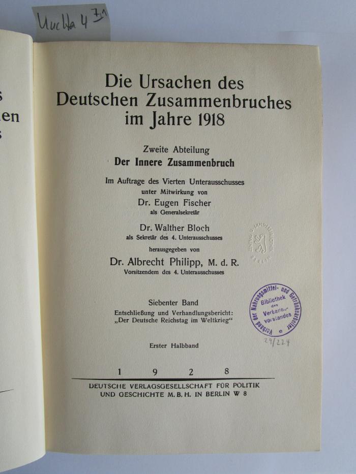 Kuc Ha 4 7,1: Die Ursachen des deutschen Zusammenbruches im Jahre 1918 (1928)