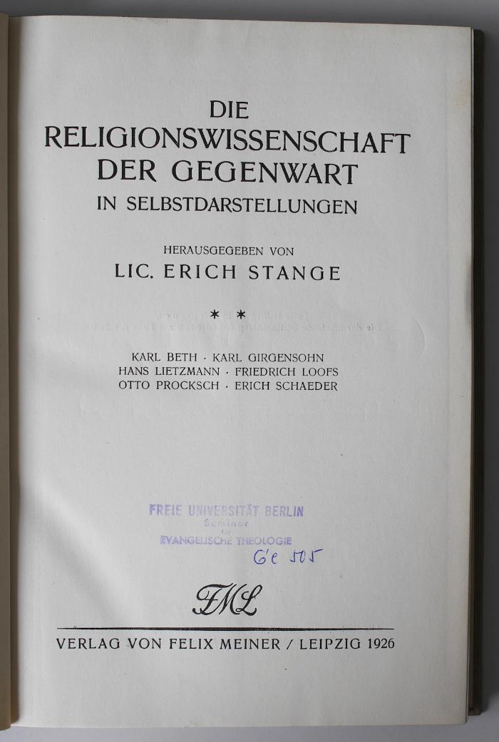BE 1500 S785-2 : Die Religionswissenschaft der Gegenwart in Selbstdarstellungen. 2 (1926)