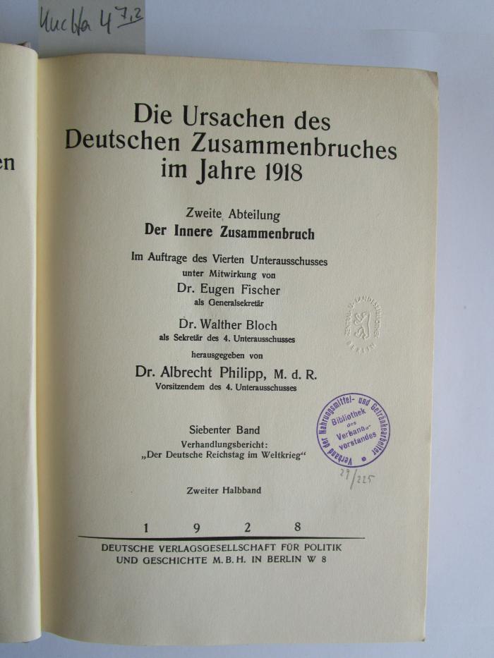 Kuc Ha 4 7,2: Die Ursachen des deutschen Zusammenbruches im Jahre 1918 (1928)
