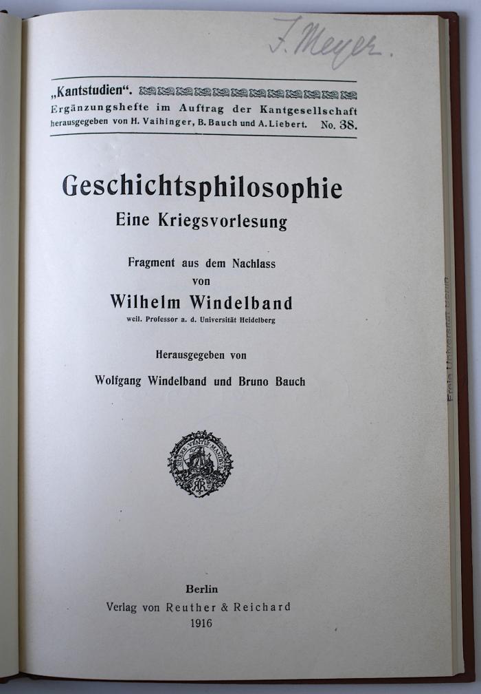 CG 8061 G389 : Geschichtsphilosophie: eine Kriegsvorlesung  (1916)