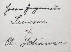 - (Siemsen, [...];Schirmer, Christian), Von Hand: Widmung; 'Herrn Ingenieur Siemsen v/s Ch. Schirmer.'. 