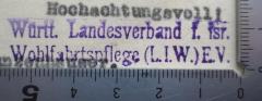 - (Württembergischer Landesverband für die israelitische Wohlfahrtspflege (L.I.W.) e.V.), Stempel: Berufsangabe/Titel/Branche, Name, Ortsangabe; 'Württ. Landesverband f. Isr. Wohlfahrtspflege (L.I.W.) E.V.'.  (Prototyp)