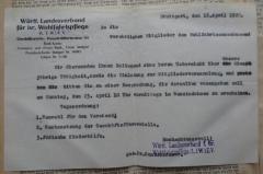 - (Kahn, Moses;Gunzenhauser, [?];Württembergischer Landesverband für die israelitische Wohlfahrtspflege (L.I.W.) e.V.), Papier: Datum, Name, Ortsangabe, Berufsangabe/Titel/Branche; 'Württ. Landesverband für isr. Wohlfahrstpflege
[...]
Stuttgart, den 16. April 1922. 
An die verehrlichen Mitglieder des Wohlfahrtsausschusses! 
Wir übersenden Ihnen inliegend eine kurze Übersicht über unsere diesjährige Tätigkeit (...) Hochachtungsvoll gez. Dr. Gunzenhauser'. 