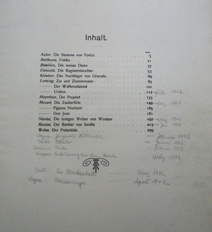 - (unbekannt), Von Hand: Annotation, Notiz; '[Undine... 117] Febr. 1942 ; [Die Zauberflöte... 149] Dez. 1941 ; [Die lustigen Weiber von Windsor... 197] Dez. 1941 ; [Der Barbier von Sevilla... 213] Jan. 1941 ; Wagner: fliegende Holländer - Februar 1942. ; Verdi: Othello - Januar 1942. ; Puccini: Toska [sic] - Februar 1942 ; Mozart: Entführung aus dem Serail - März 1942, ; Verdi: Ein Maskenball - März 1942 ; Wagner: Meistersinger - April 1942'. 