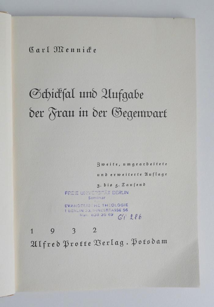 MS 3000 M547(2) : Schicksal und Aufgabe der Frau in der Gegenwart (1932)
