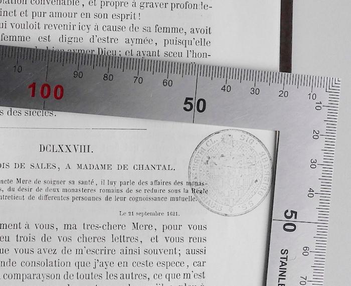 BM 6700.1865-1 bis 8 : Oeuvres complètes de Saint François de Sales (1865);-, Stempel: Name, Ortsangabe; 'Maur… Mauri CL. SIG: Abbatia… SS.' (Prototyp)