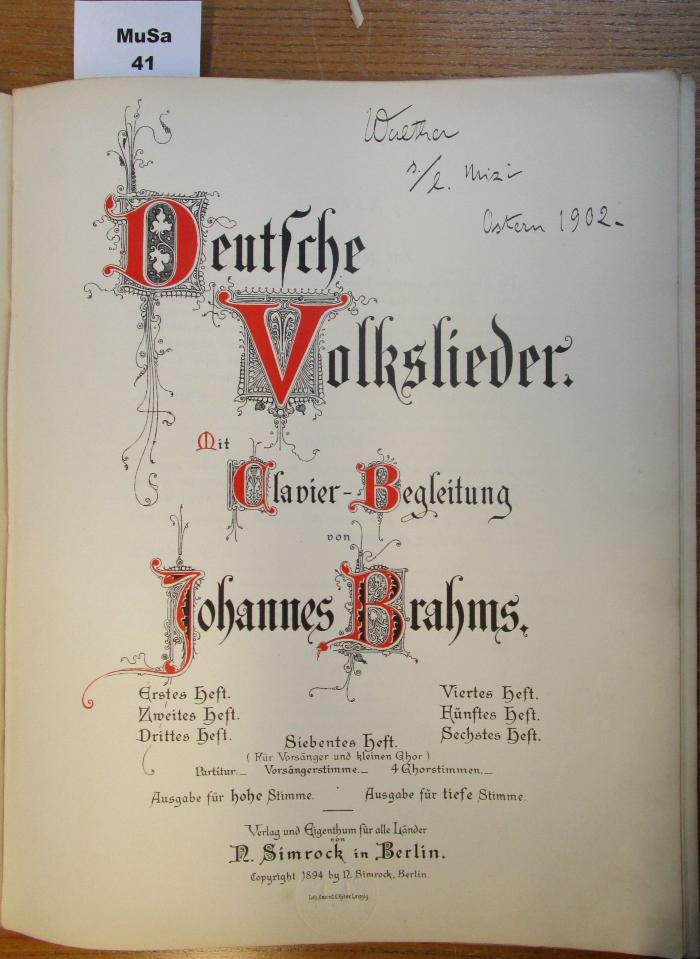  Deutsche Volkslieder: mit Clavier-Begleitung / von Johannes Brahms (1894)