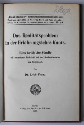 CF 5017 F837 : Das Realitätsproblem in der Erfahrungslehre Kants (1919)
