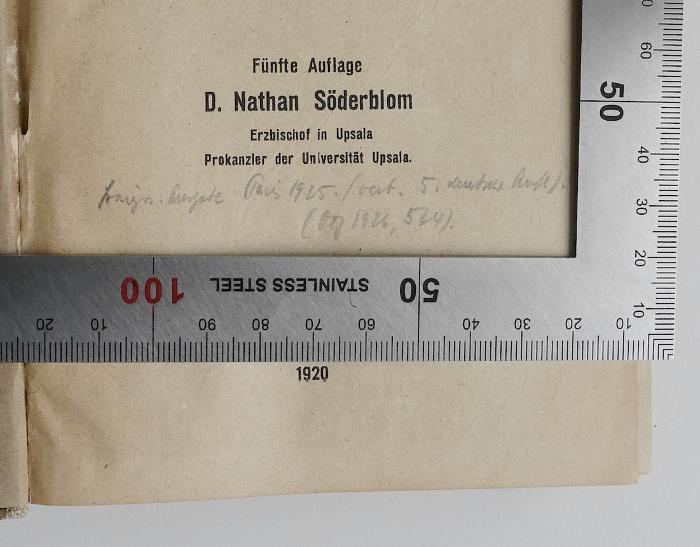 BE 1520 T562 G3D(5) : Tiele-Söderbloms Kompendium der Religionsgeschichte (1920);-, Von Hand: Notiz; '[...] (...ais 1925./vat. 5. deutsche Aufl.) (... 1926, 524).'