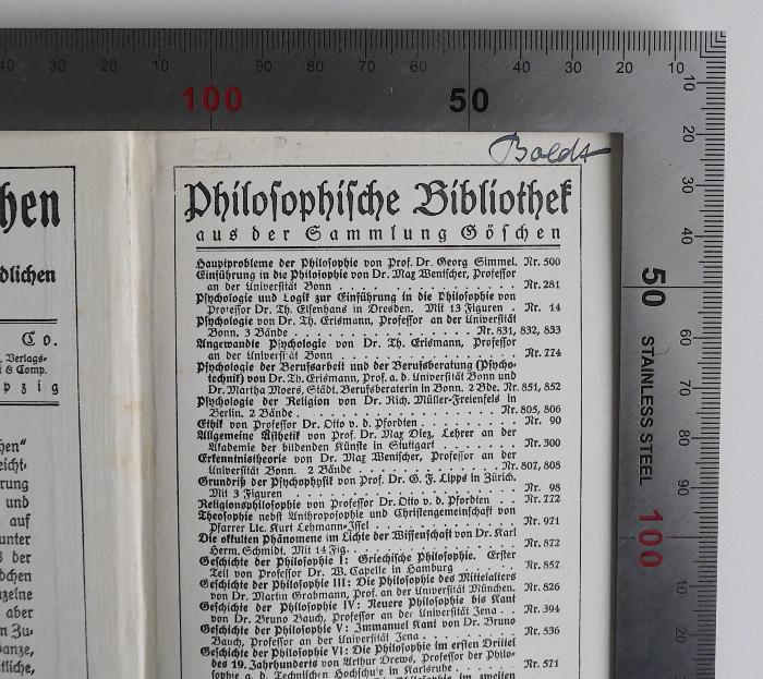 CC 8500 P531 : Religionsphilosophie (1922);- (Boldt, Erich), Von Hand: Autogramm, Name; 'Boldt'. 