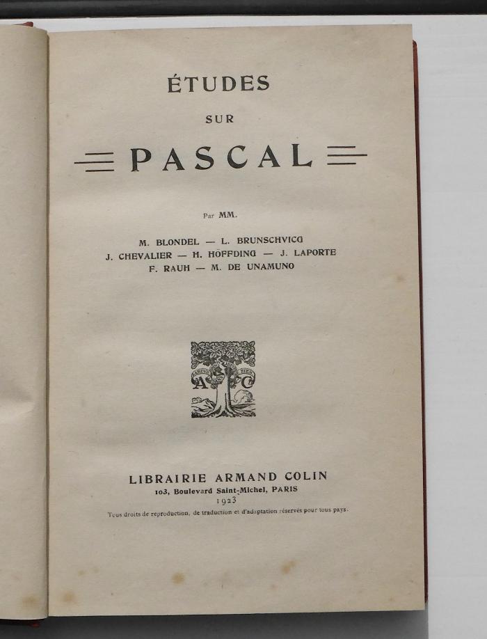 CF 6877 B654 : Etudes sur Pascal (1923)