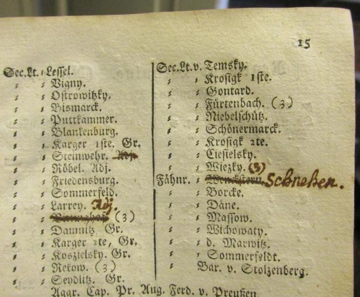 XVII 9325 1799: Rangliste der Königl. Preußischen Armee für das Jahr 1799 (1799);- (unbekannt), Von Hand: Annotation. 