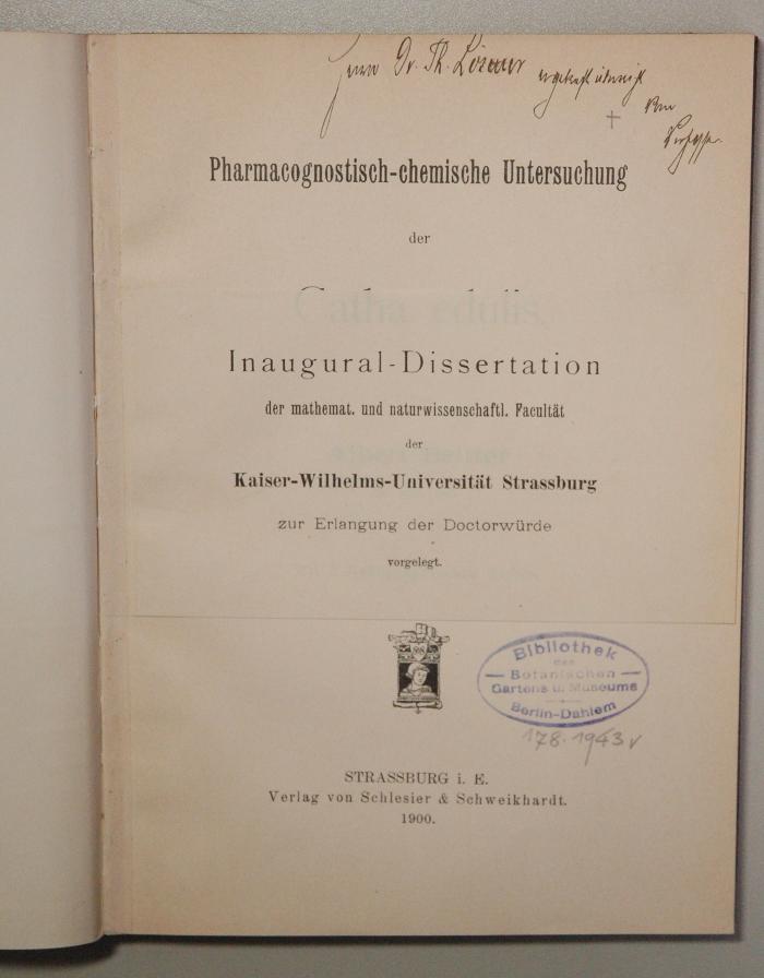 633.88 : Pharmacognostisch-chemische  Pharmacognostisch-chemische Untersuchung der Catha edulis (1900)
