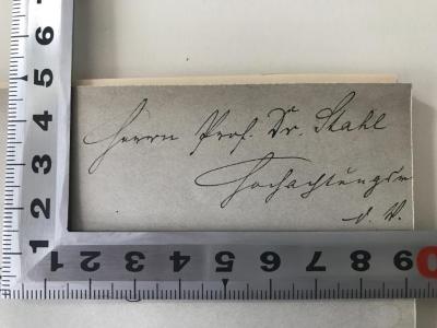 - (Stahl, Ernst), Von Hand: Widmung; 'Herrn Prof. Dr. Stahl Hochachtungsvoll V. (?)'. 