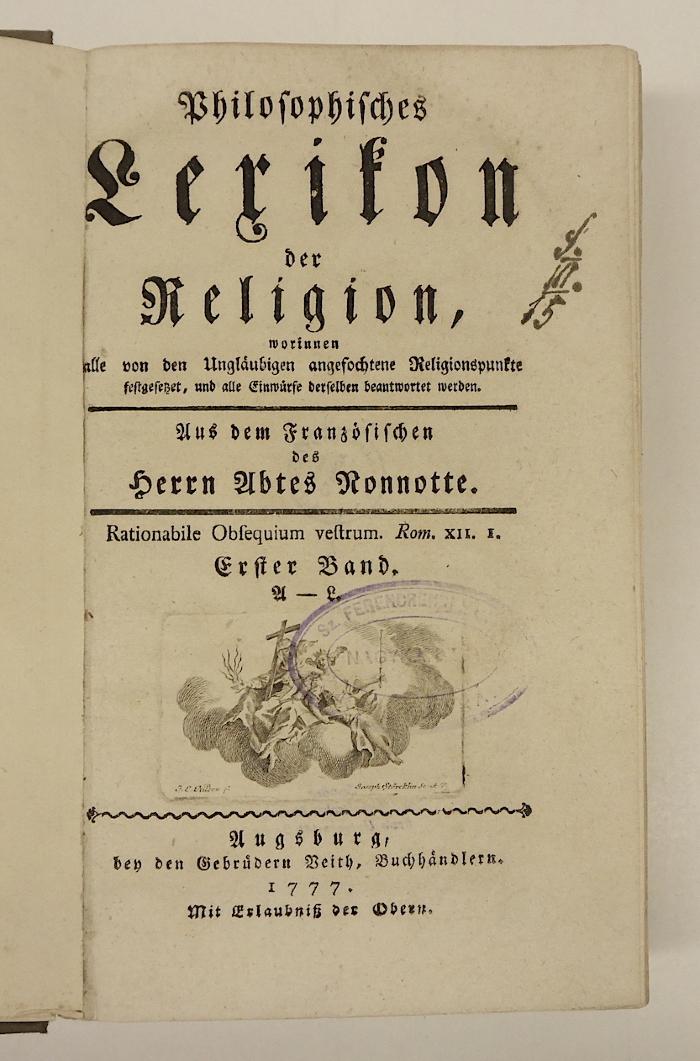 Rara M 149 : Philosophisches Lexikon der Religion. 1. A - L (1777)