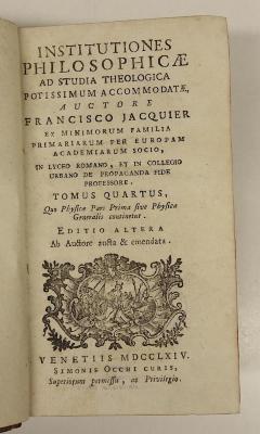 Rara M 128 : Institutiones philosophicae ad studia theologica potissimum accomodatae. 4-6 (1764)