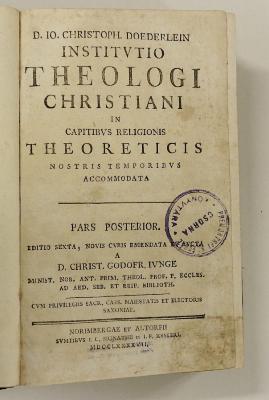 Rara M 199 : D. Jo. Christoph. Doederlein Institutio Theologi Christiani In Capitibus Religionis Theoreticis Nostris Temporibus Accommodata. 2 (1797)