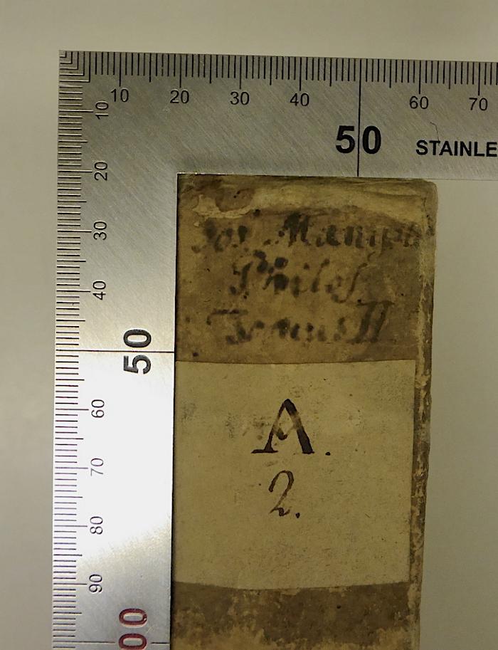 Rara M 208 : Philosophia Rationalis Et Experimentalis. Tomus II. Physicam Generalem Complectens. (1755);-, Von Hand: Autor, Signatur; 'Jos. Man.gold Philos. Tomus II. A.2.'