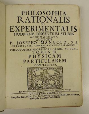 Rara M 209 : Philosophia Rationalis Et Experimentalis. Tomus III. Physicam Particularem Complectens. (1755)