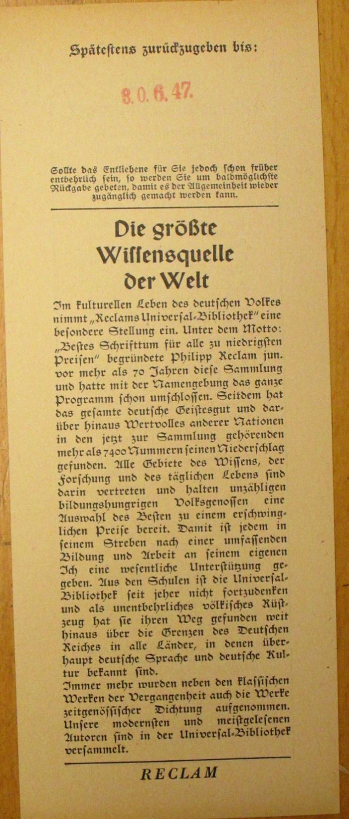 -, Etikett: Datum, Notiz, Lesezeichen; 'Spätestens zurückzugeben bis:
3.0.6.47.
[...]'