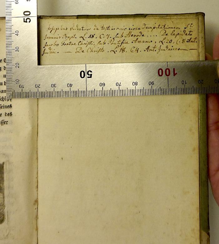Rara M 283 : Die Philosophie der Religion. 3 und 4 (1780);-, Von Hand: Annotation, Name; 'Josephus [...] 
Joannis Bapt. L. 18, C. 7. Sub Heroda.... De lapidato 
Jacobo Fratre Christi, Sub Pontifice Anano, L. 20, C. 8 Ant.
Judaic. De Christo. L.18, C.W. Ant. Judaicum
 [interpretiert]'
