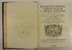 Rara M 307 : Prælectiones Theologicæ F. Nicolai Augustini Chignoli Ordinis Prædicatorum In Ferrariensi primum, exinde in Regia Taurinensi Universitate S. Theologiæ Professoris. 1 und 2 (1766)