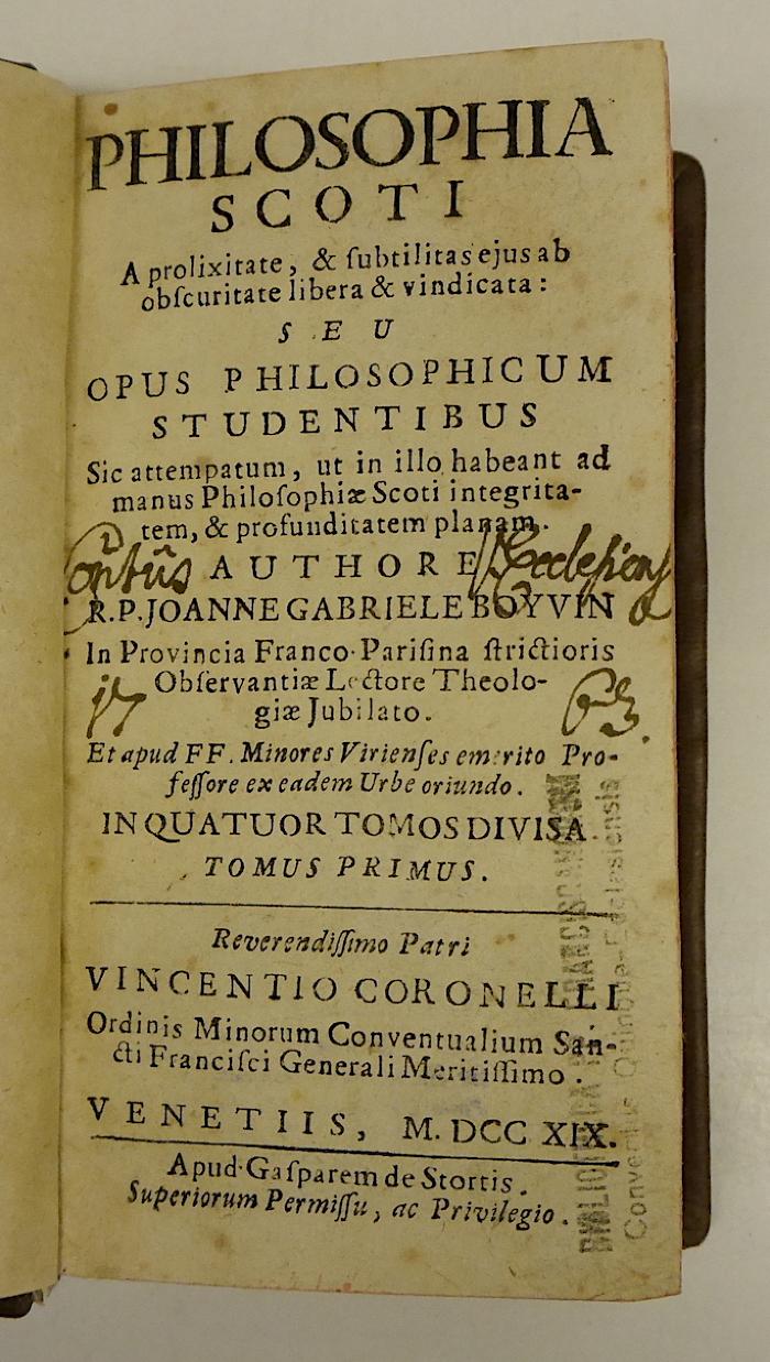 Rara M 407 und 409 : Philosophia Scoti A prolixitate, &amp; subtilitas ejus ab obsuritate libera &amp; vindicata. 1 + 3 (1719)