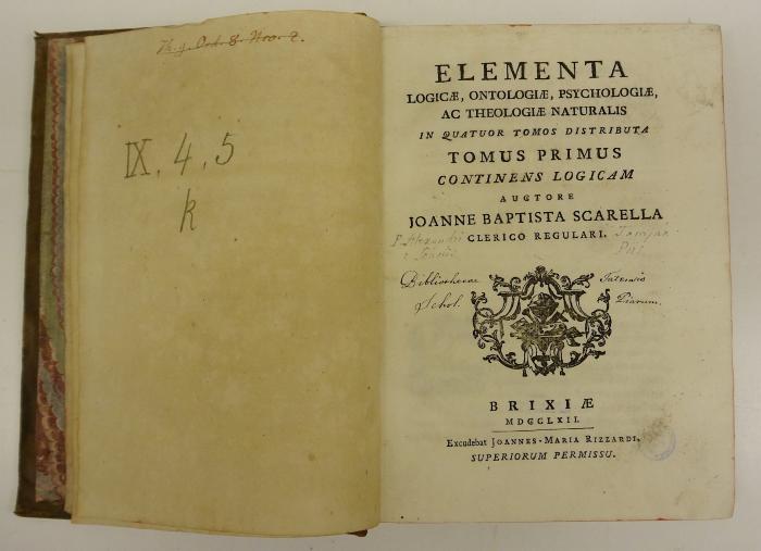 Rara M 311-312 : Elementa Logicæ, Ontologiæ, Psychologiæ, Ac Theologiæ Naturalis. 1-3 (1762, 1763)