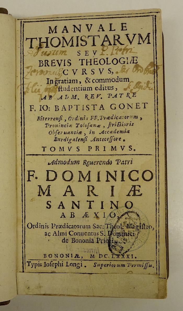 Rara M 411 : Manvale Thomistarvm Sev Brevis Theologiæ Cvrsvs. 1 (1681)