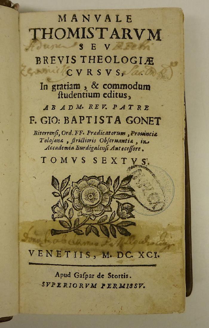 Rara M 416 : Manvale Thomistarvm Sev Brevis Theologiæ Cvrsvs. 6 (1691)