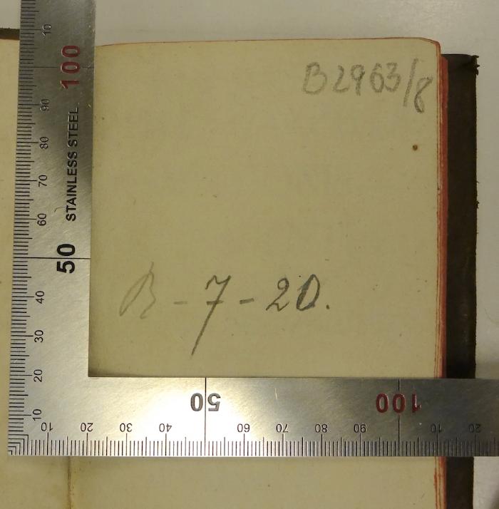 Rara M 430 : Elementa Philosophiae Ad Rationis Et Experientiae ductum conscripta, Atque Usibus Scholasticis accomodata. 2. Metaphysicae Pars Prima (1755);-, Von Hand: Signatur; 'B-7-20.'