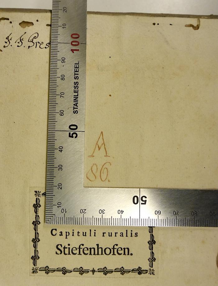 Rara M 425 : Philosophia Peripatetica. 3. Physicae Particularis Pars I + 4. Physicae Particularis Pars II (1739);-, Von Hand: Signatur; 'A. 86.'