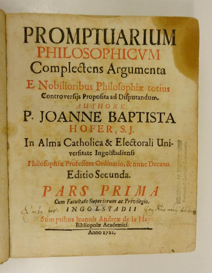 Rara M 314 : Promptuarium philosophicum complectens argumenta e nobilioribus philosophiae totius controversiis proposita ad disputandum. 1-3 (1722)