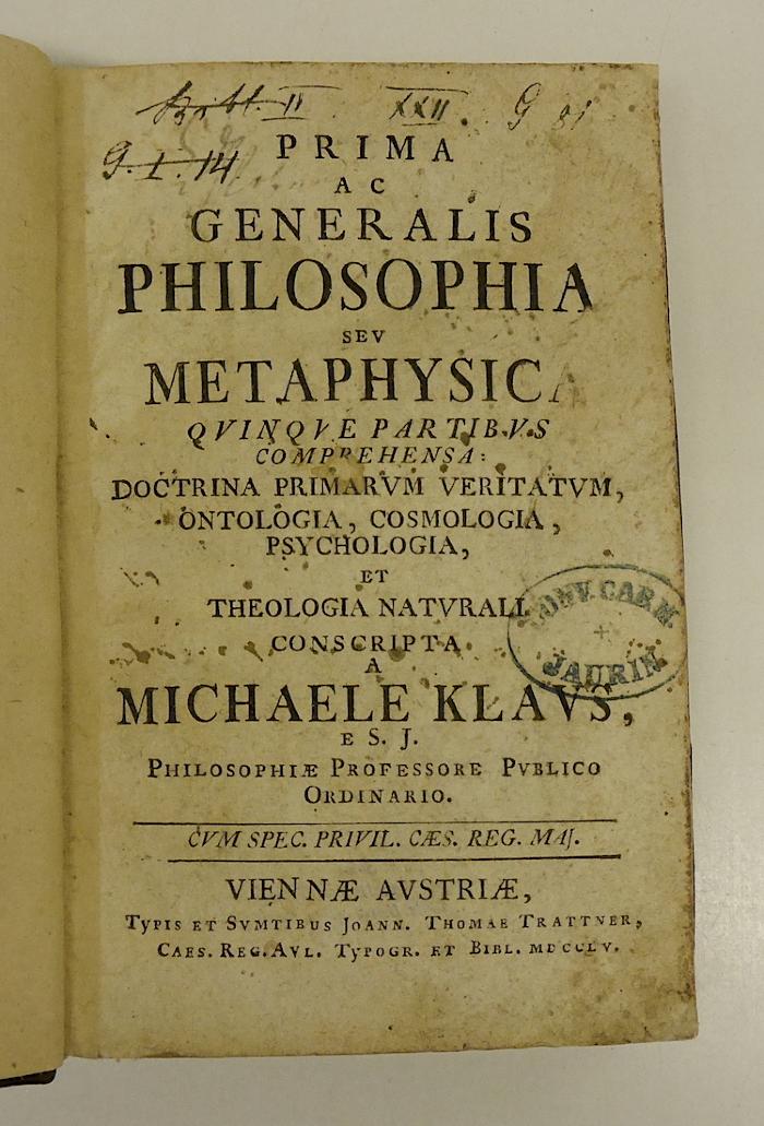 Rara M 440 : Prima Ac Generalis Philosophia Sev Metaphysica Qvinqve Partibvs Comprehensa