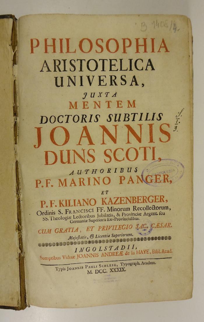 Rara M 476 : Philosophia Aristotelica Universa Juxta mentem doctoris subtilis Joannis Duns Scoti. 1-4 (1739)
