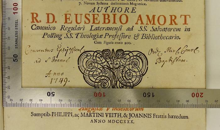 Rara M 477 : Philosophia Pollingana Ad Normam Burgundicae (1730);-, Von Hand: Berufsangabe/Titel/Branche, Name, Datum; 'Conventus Epis… ank Miul Conve. Baptistam. Anno 1749.'