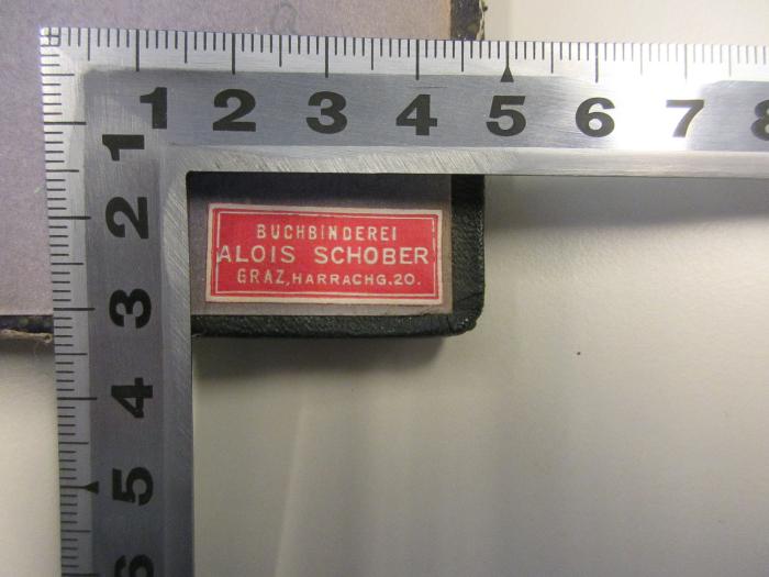 - (Buchbinderei Alois Schober), Etikett: Buchbinder, Ortsangabe; 'Buchbinderei 
Alois Schober 
Graz, Harrachg. 20'.  (Prototyp)