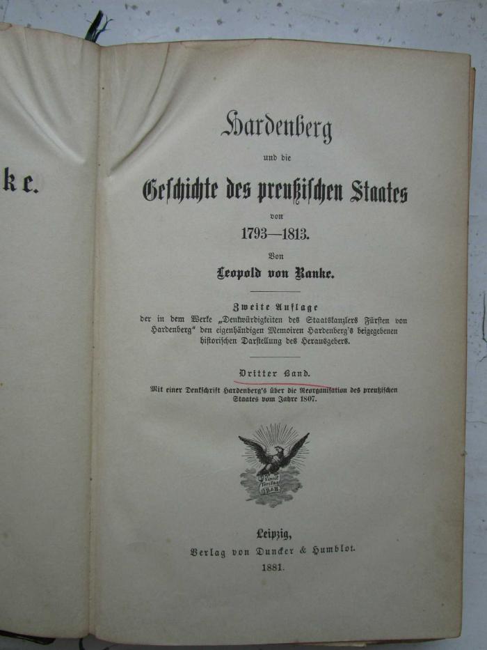 I 283:48  4. Ex: Hardenberg und die Geschichte des preußischen Staates von 1793 - 1813. (1881)