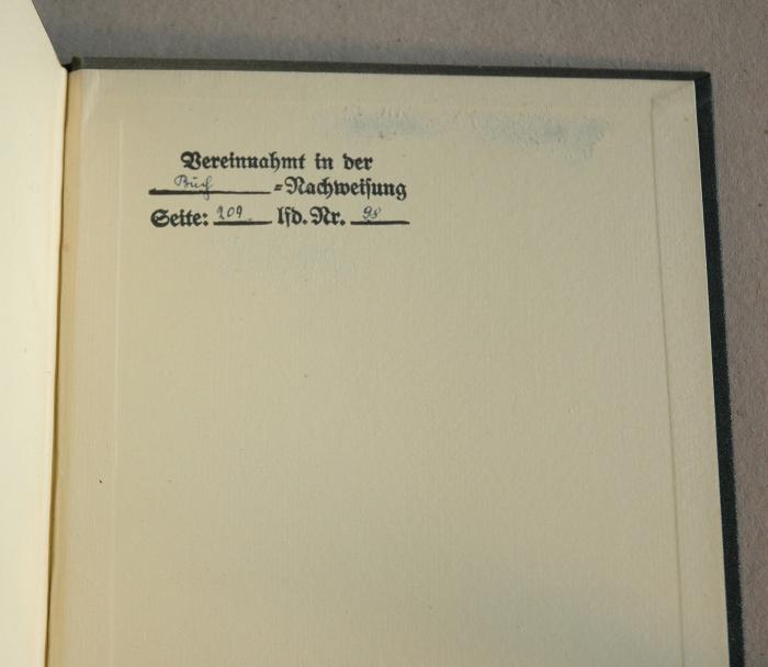 -, Von Hand: Inventar-/ Zugangsnummer; '[Vereinnahmt in der] Buch [-Nachweisung Seite:] 209 [lfd. Nr.] 98 '