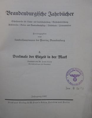 (ausgesondert) : Brandenburgische Jahrbücher: 8.; Denkmale der Eiszeit in der Mark (1937)