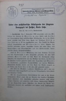 (ausgesondert) : Jahresbericht der Männer vom Morgenstern: Ueber eine prähistorische Abfallgrube der jüngeren Bronzezeit bei Holßel, Kreis Lehe (1910/11)