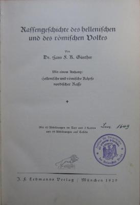 (ausgesondert) : Rassengeschichte des hellenischen und des römischen Volkes (1929)