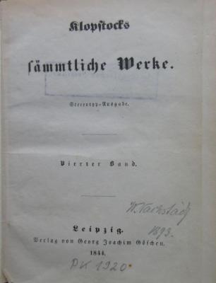 98/2024/41007-4/5;Pk 1920 (4.5) (ausgesondert) aktuell; ;:  Klopstocks sämmtliche Werke : Stereotyp Ausgabe, 4-5: Oden ; 1-2 (1844)