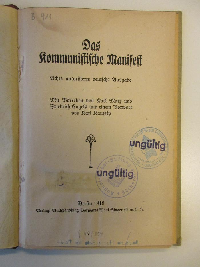 B 911 8 (ausgesondert) : Das kommunistische Manifest (1918)
