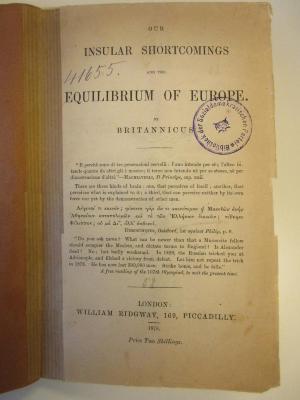 Bm 20 (ausgesondert) : Our Insular Shortcomings And The Equilibrium Of Europe. (1878)